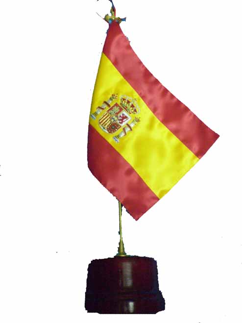 Bandera España despacho escudo bordado a mano con peana de mader